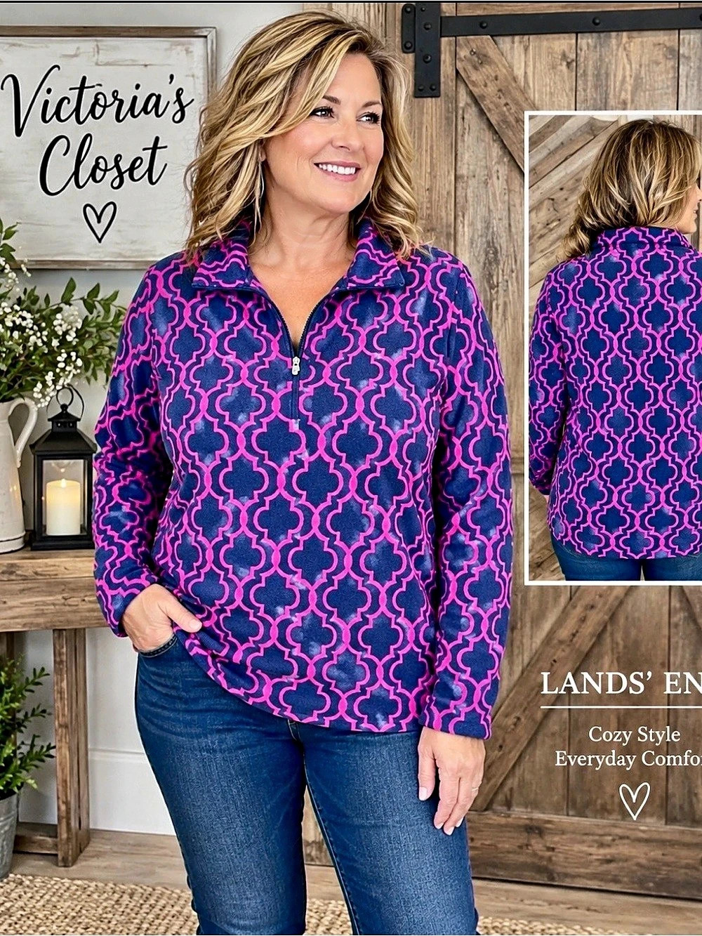 Lands’ End Women’s 2X Navy & Pink Geometric Fleece 1/4 Zip Pullover